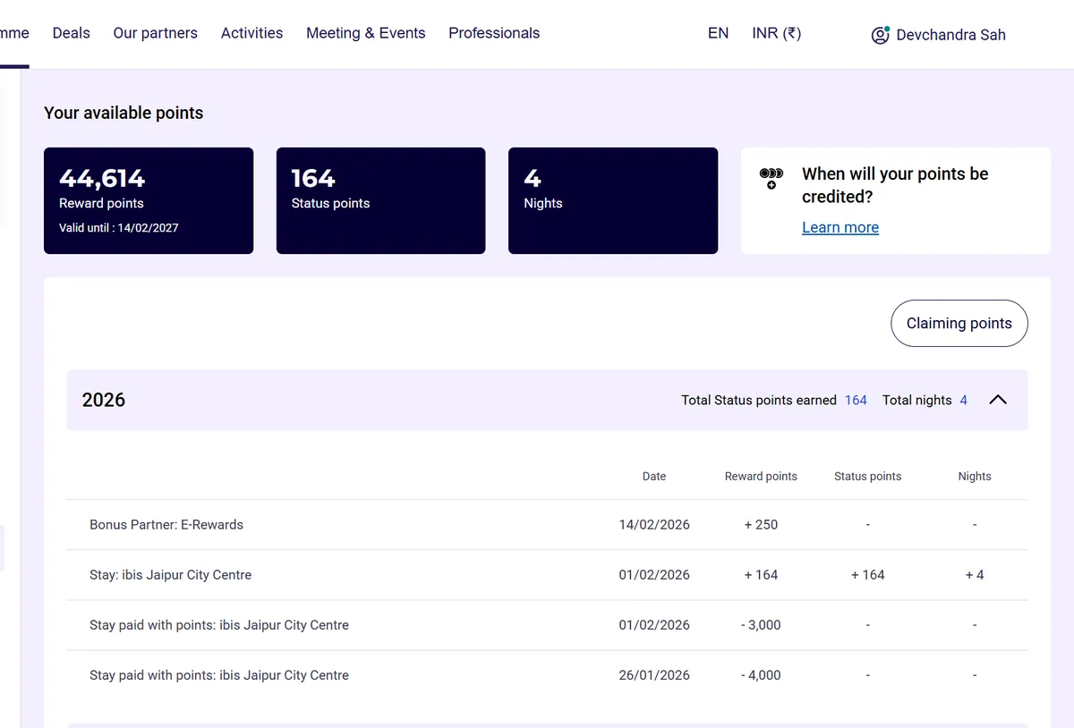 My actual ALL statement: two "Stay paid with points — ibis Jaipur City Centre" debits (−4,000 on 26 Jan, −3,000 on 1 Feb), while the same stay still credits +164 reward points, +164 status points and +4 nights.