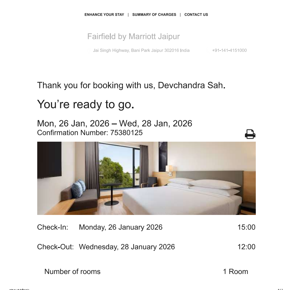 Booking confirmation — two nights at Fairfield by Marriott, Jaipur, 26–28 January 2026.