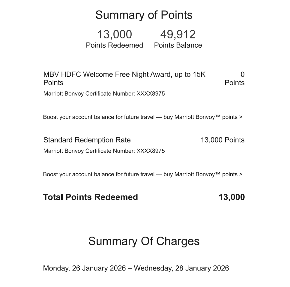 Points summary — 13,000 points redeemed across the two nights, with the Welcome Free Night Award applied at 0 points.